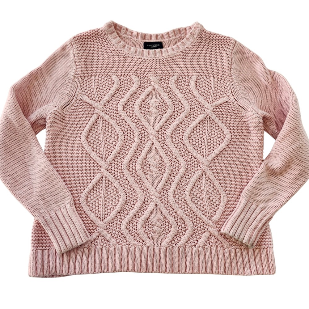 Lands End Drifter Sweater Pink Cable Knit Chunky Cotton Pullover Women's XL